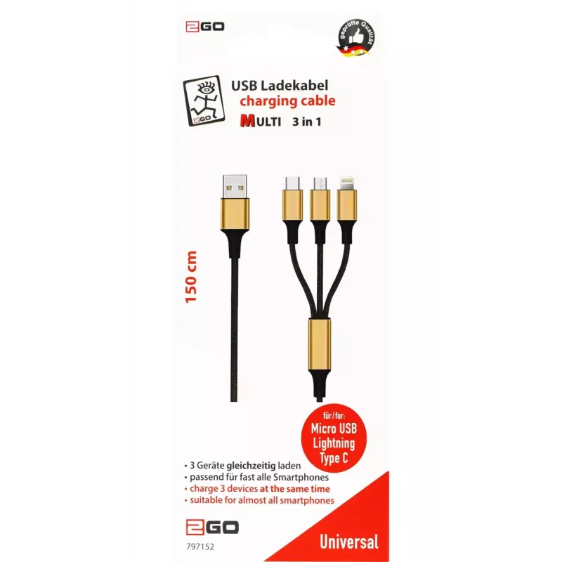 Cable USB 2GO 797152 3 m USB B USB C/Micro-USB B/Lightning negro oro