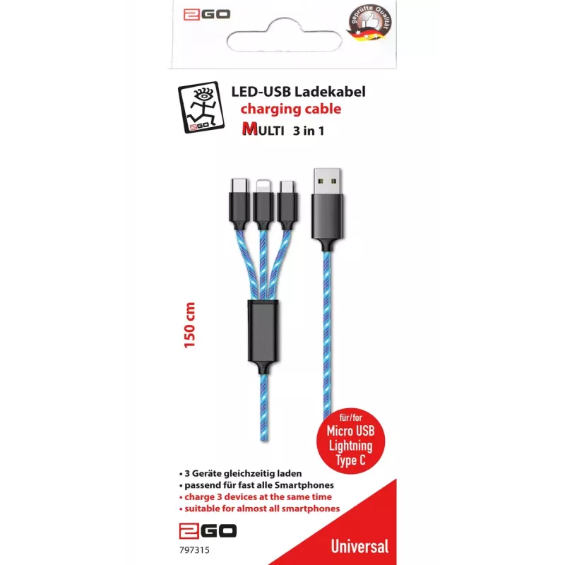 Cable USB 2GO 797315 1,5 m USB B USB C/Micro-USB B/Lightning negro azul