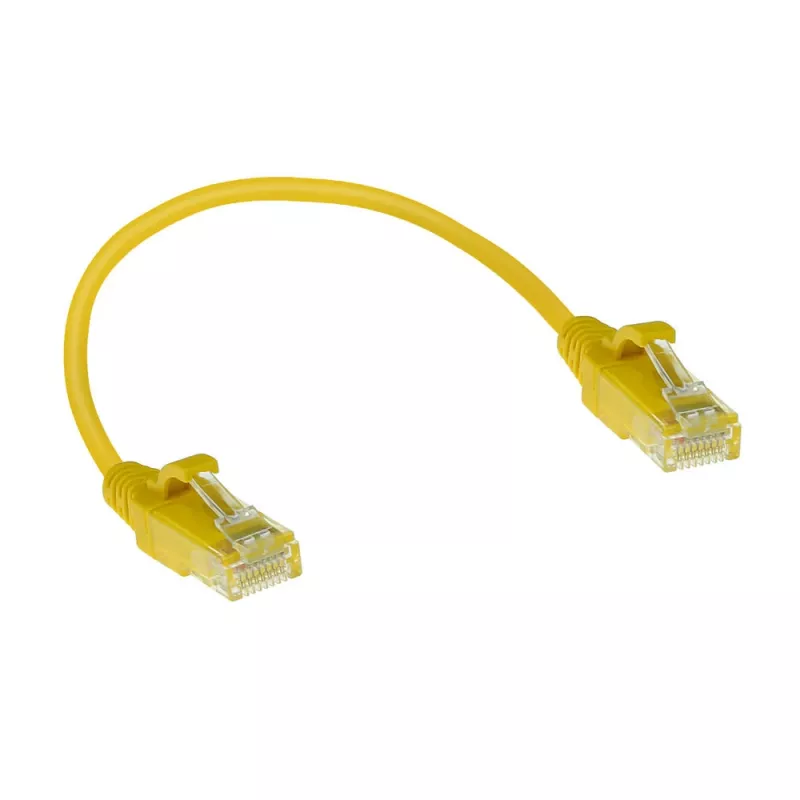 ACT amarillo 0,15 m LSZH U/UTP CAT6 cable de parcheo slimline para centro de datos, sin lengüeta con conectores RJ45