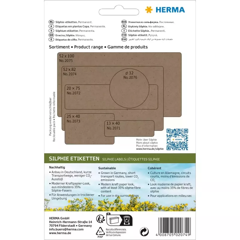 HERMA 2074 Etiquetas autoadhesivas – Rectángulo redondeado, adhesivo permanente, marrón, 52x82 mm, 96 uds.