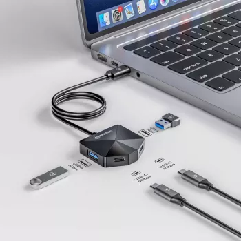 Dock/Hub combo USB-C y USB-A Manhattan, puertos (4): USB-A (x2) y USB-C (x2), 5 Gbit/s (USB 3.2 Gen1 también conocido como USB 3.0), forma angular para un fácil acceso a los puertos, alimentado por USB (no requiere fuente de alimentación externa)