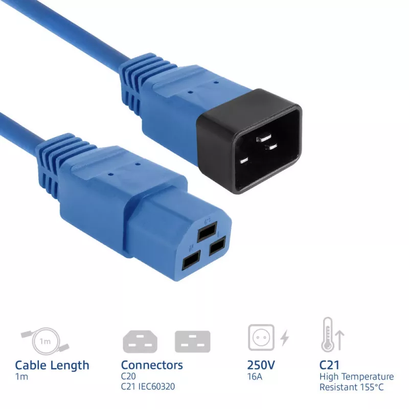 Cable de alimentación ACT C20-C21 IEC60320 azul 1 m, 250 V, 16 A