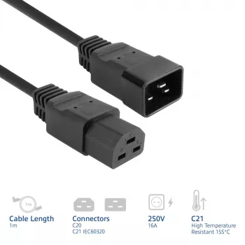 Cable de alimentación ACT C20-C21 IEC60320 negro 1 m, 250 V 16 A