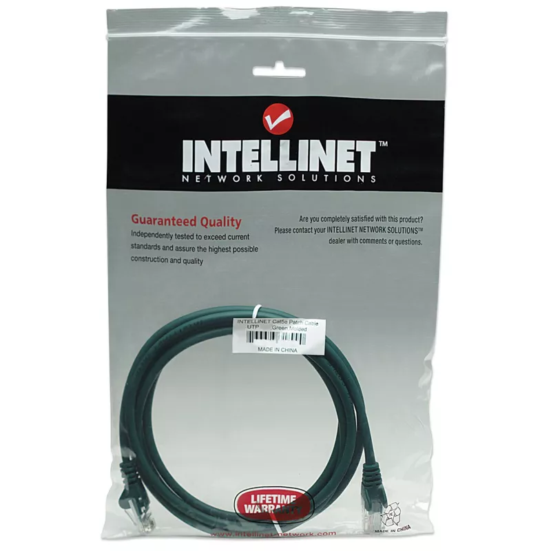 Cable de red Intellinet, Cat5e, 7,5 m, verde, CCA, U/UTP, PVC, RJ45, contactos dorados, protección de lengüeta, funda antipinzamiento, garantía de por vida