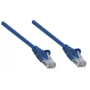 Cable de red Intellinet, Cat5e, 7,5 m, azul, CCA, U/UTP, PVC, RJ45, contactos dorados, sin lengüeta, funda antipinzamiento, garantía de por vida