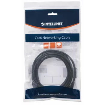 Cable de red Intellinet, Cat6, 2 m, negro, CCA, U/UTP, PVC, RJ45, contactos dorados, protección de lengüeta, funda antipinzamiento, garantía de por vida
