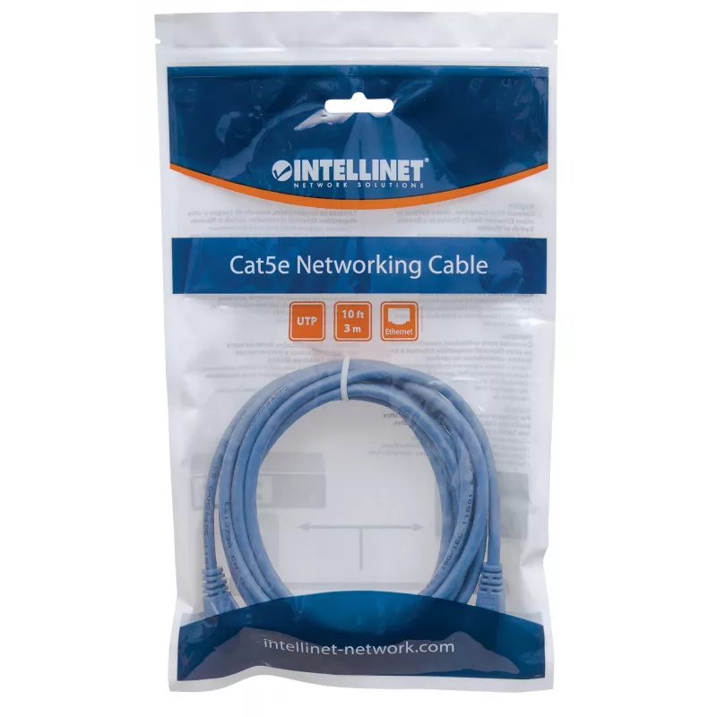 Cable de red Intellinet, Cat6, 1,5 m, azul, CCA, U/UTP, PVC, RJ45, contactos dorados, protección de lengüeta, funda antipinzamiento, garantía de por vida