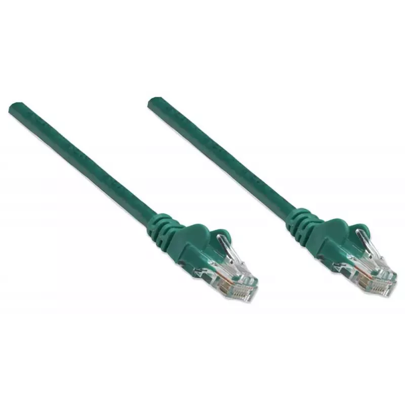 Cable de red Intellinet, Cat5e, 3 m, verde, CCA, U/UTP, PVC, RJ45, contactos dorados, sin lengüeta, con funda antipinzamiento, garantía de por vida