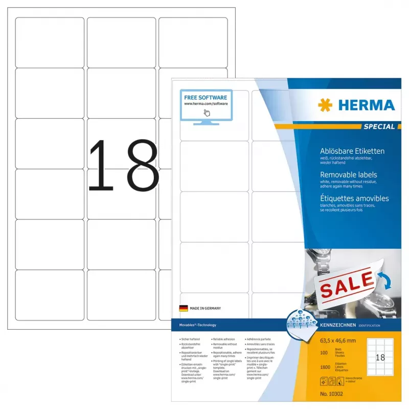 Etiquetas repegables HERMA A4 63,5x46,6 mm 1800 unidades
