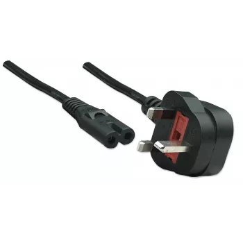 Cable de alimentación Manhattan, conector macho UK de 3 patillas a conector hembra C7 (figura 8), 1,8 m, 13 A, negro, cable, garantía de por vida