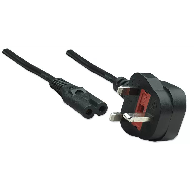 Cable de alimentación Manhattan, conector macho UK de 3 patillas a conector hembra C7 (figura 8), 1,8 m, 13 A, negro, cable, garantía de por vida