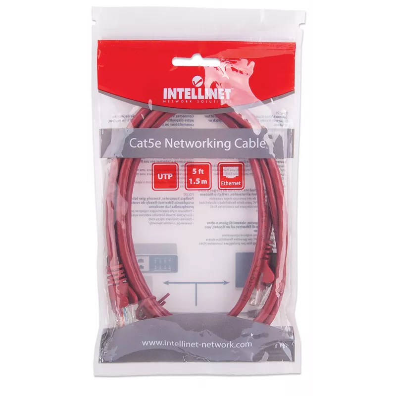 Cable de red patch Intellinet, Cat5e, 1,5 m, rojo, CCA, U/UTP, PVC, RJ45, contactos dorados, sin lengüeta, antikinks, garantía de por vida