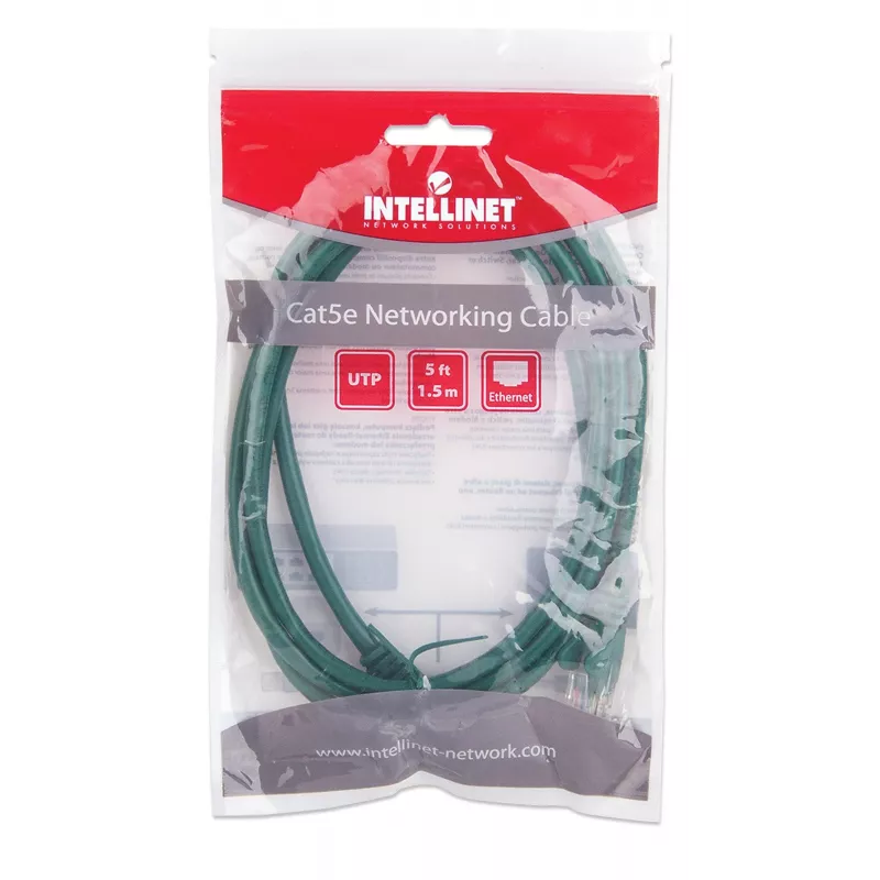 Intellinet 338417 cable de red patch, Cat5e, U/UTP, RJ45, 1,5 m, moldeado, sin pestaña, verde