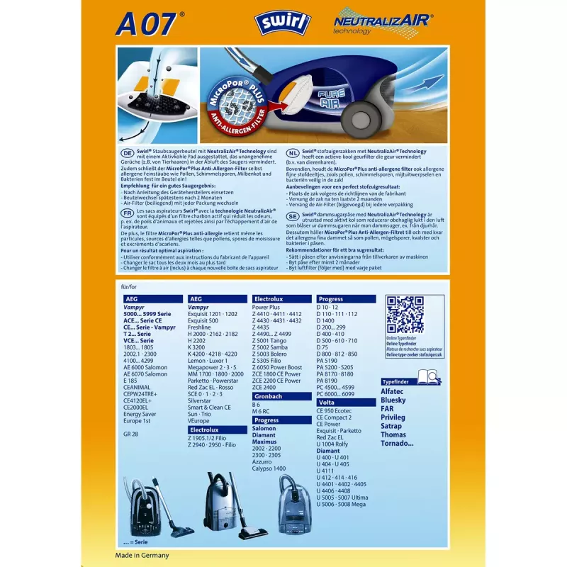 Bolsas para aspirador Swirl A 07 NeutralizAir aspirador de cilindro