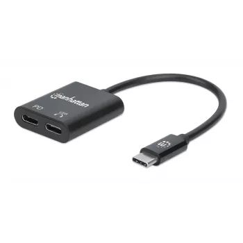 Adaptador de audio USB-C a USB-C y USB-C (incl. Power Delivery) Manhattan, negro, 480 Mbit/s (USB 2.0), cable 11cm, con Power Delivery al puerto USB-C (60W), tres años de garantía
