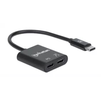 Adaptador de audio USB-C a USB-C y USB-C (incl. Power Delivery) Manhattan, negro, 480 Mbit/s (USB 2.0), cable 11cm, con Power Delivery al puerto USB-C (60W), tres años de garantía