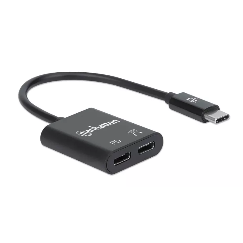 Adaptador de audio USB-C a USB-C y USB-C (incl. Power Delivery) Manhattan, negro, 480 Mbit/s (USB 2.0), cable 11cm, con Power Delivery al puerto USB-C (60W), tres años de garantía