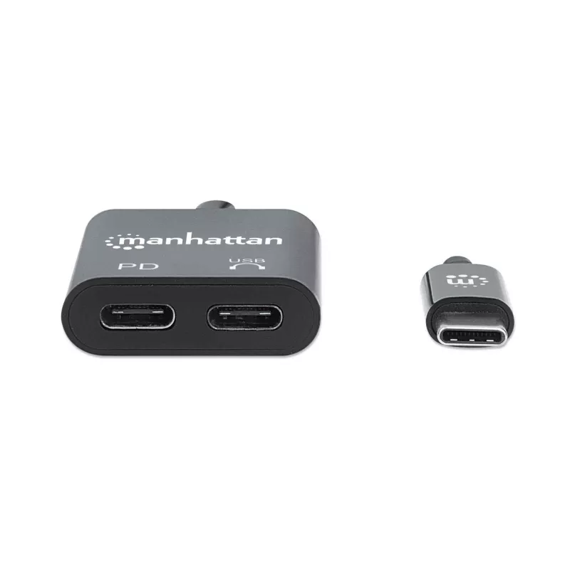 Adaptador de audio USB-C a USB-C y USB-C (incl. Power Delivery) Manhattan, negro, 480 Mbit/s (USB 2.0), cable 11cm, con Power Delivery al puerto USB-C (60W), tres años de garantía