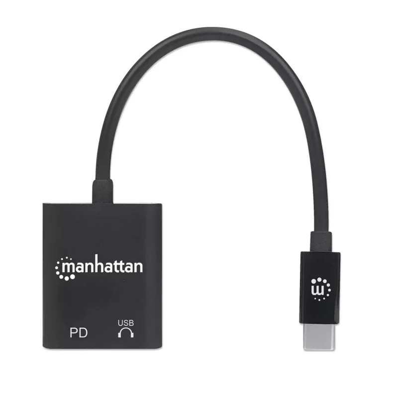 Adaptador de audio USB-C a USB-C y USB-C (incl. Power Delivery) Manhattan, negro, 480 Mbit/s (USB 2.0), cable 11cm, con Power Delivery al puerto USB-C (60W), tres años de garantía