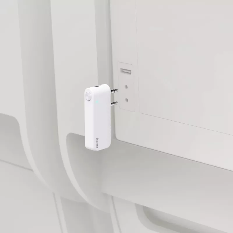 Hama 00014171 transmisor de audio Bluetooth para aviones y uso universal, 10 h, AUX, blanco