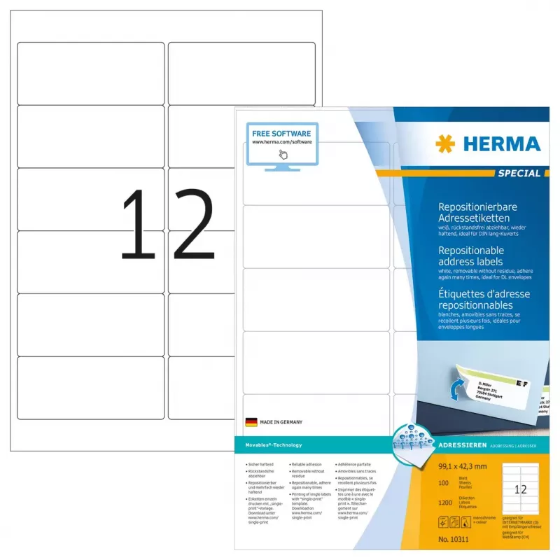 Etiquetas de dirección HERMA removibles A4 99,1x42,3 mm 1200 uds.