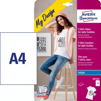Films de inyección de tinta para transferencia textil Avery Zweckform MD1001 — polipropileno A4 210×297 mm, blanco, colores claros, pack de 5