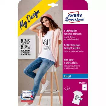 Films de inyección de tinta para transferencia textil Avery Zweckform MD1001 — polipropileno A4 210×297 mm, blanco, colores claros, pack de 5