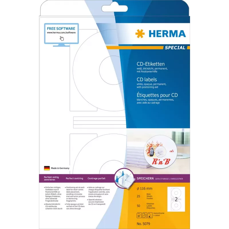 Etiquetas para CD HERMA A4 Ø 116 mm blanco papel mate opaco 50 uds.
