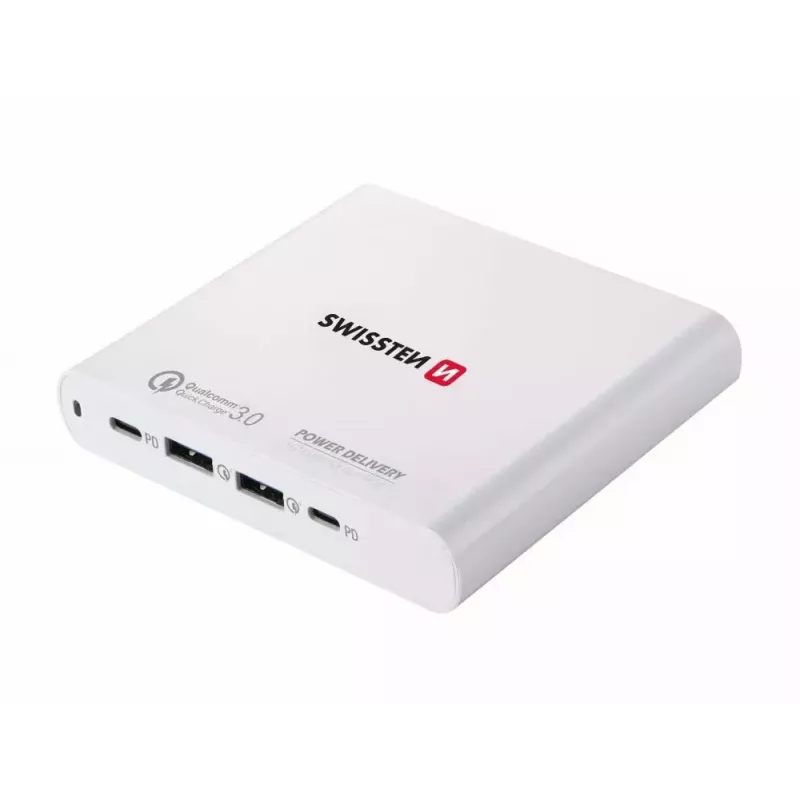 Cargador de viaje SWISSTEN SW-TCH-87W-PD30-QC30-W — 87W, PD 3.0, QC 3.0, para smartphones y portátiles
