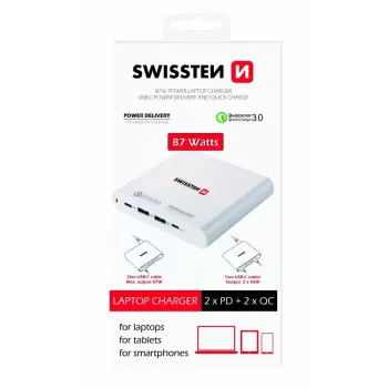 Cargador de viaje SWISSTEN SW-TCH-87W-PD30-QC30-W — 87W, PD 3.0, QC 3.0, para smartphones y portátiles