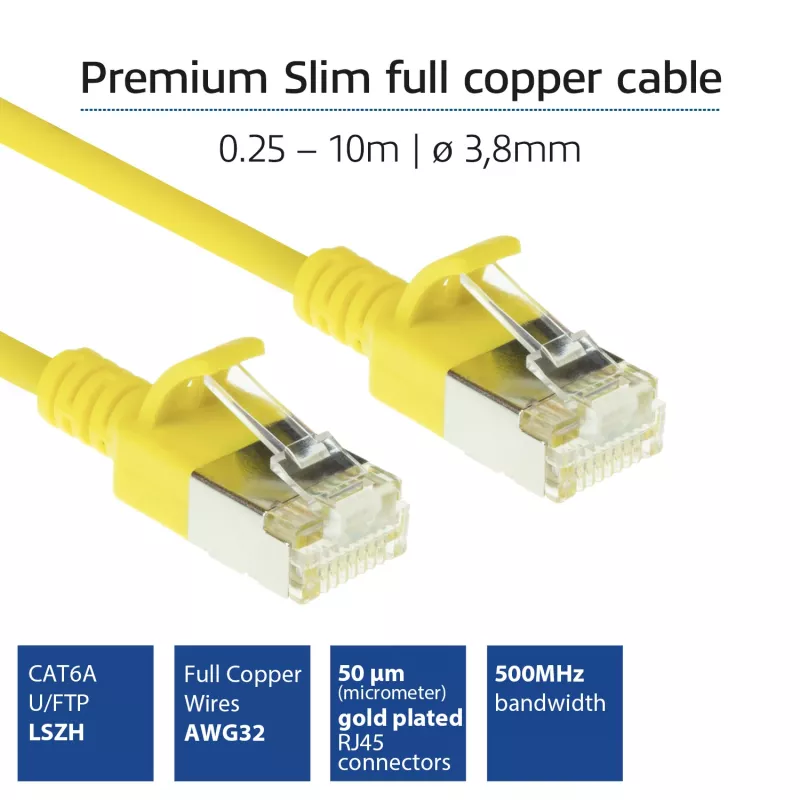 Cable de red patch slimline para centro de datos ACT amarillo 1 metro LSZH U/FTP CAT6A (snagless) con conectores RJ45