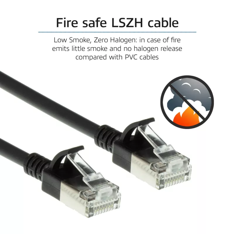 Cable de red patch slimline para centro de datos ACT negro 5 metros LSZH U/FTP CAT6A sin lengüeta con conectores RJ45