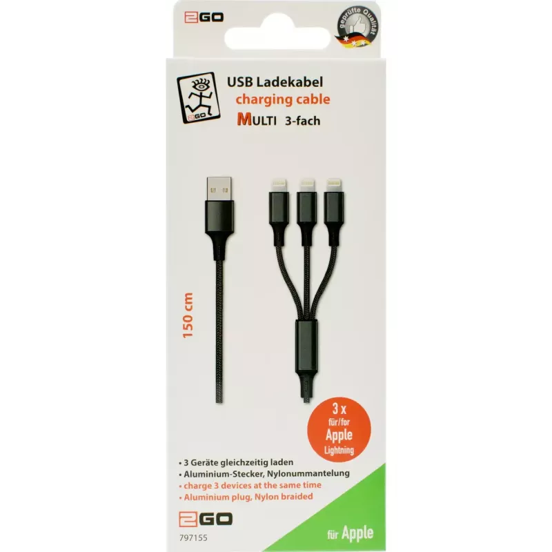 Cable Lightning 2GO 797155 1,5 m Negro USB B USB C Micro-USB B