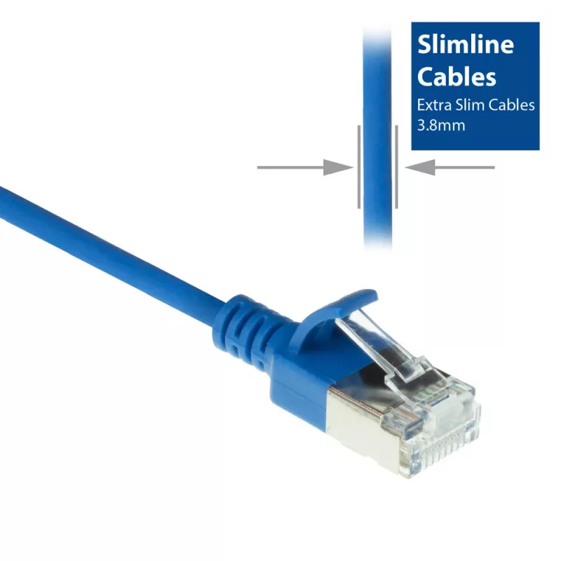 ACT azul 10 metros LSZH U/FTP CAT6A cable de parcheo slimline para centro de datos con conectores macho RJ45 con protección de pestaña