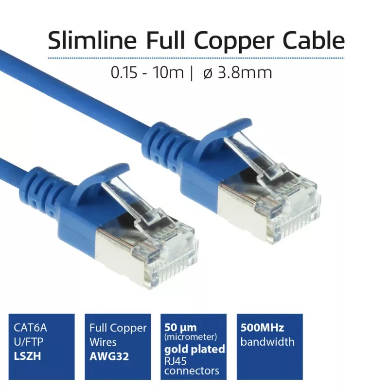 ACT azul 10 metros LSZH U/FTP CAT6A cable de parcheo slimline para centro de datos con conectores macho RJ45 con protección de pestaña
