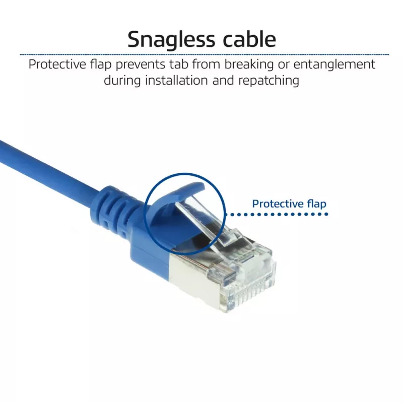 ACT azul 10 metros LSZH U/FTP CAT6A cable de parcheo slimline para centro de datos con conectores macho RJ45 con protección de pestaña
