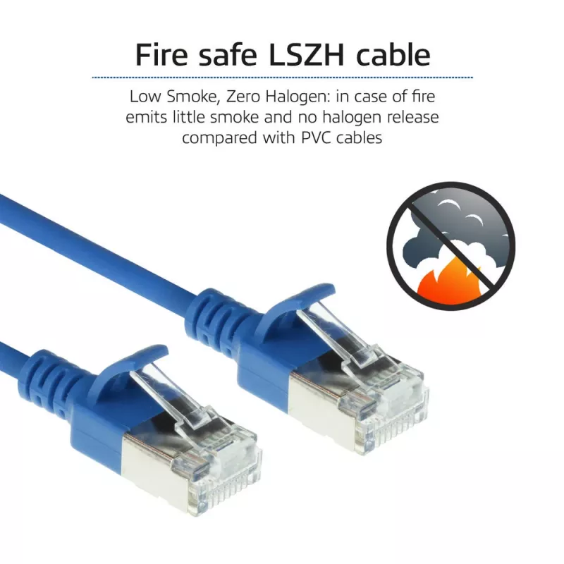 ACT azul 10 metros LSZH U/FTP CAT6A cable de parcheo slimline para centro de datos con conectores macho RJ45 con protección de pestaña