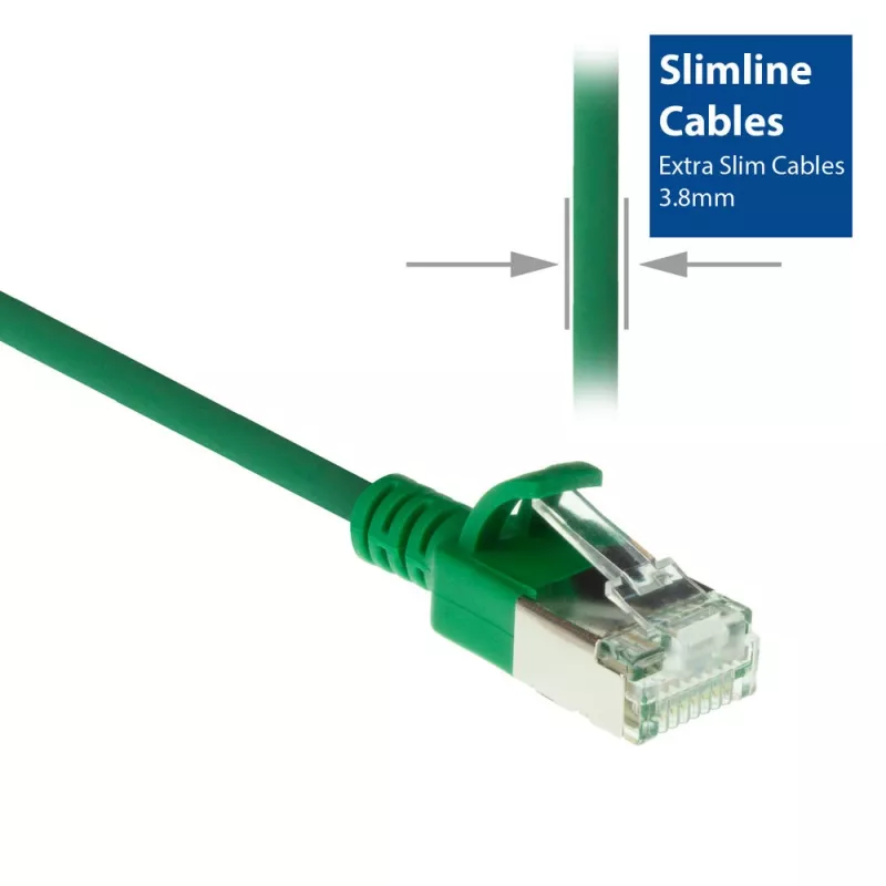 ACT verde 7 m LSZH U/FTP CAT6A cable de parcheo slimline para centro de datos con protección de pestaña y conectores macho RJ45