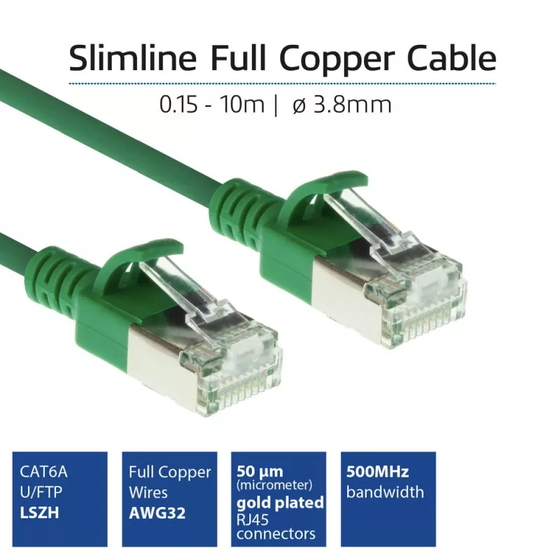 ACT verde 10 metros LSZH U/FTP CAT6A cable de parcheo slimline para centro de datos, snagless con conectores macho RJ45