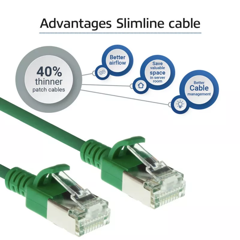 ACT verde 10 metros LSZH U/FTP CAT6A cable de parcheo slimline para centro de datos, snagless con conectores macho RJ45