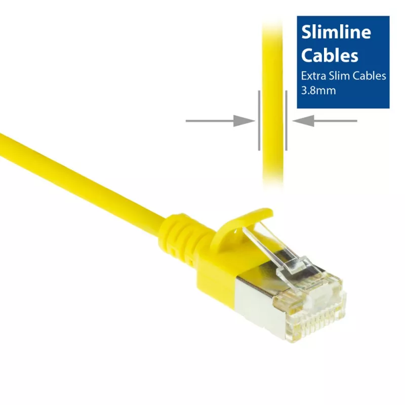 ACT amarillo 7 metros LSZH U/FTP CAT6A cable de parcheo slimline para centro de datos con protección de pestaña y conectores macho RJ45