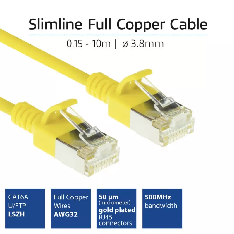 ACT amarillo 7 metros LSZH U/FTP CAT6A cable de parcheo slimline para centro de datos con protección de pestaña y conectores macho RJ45