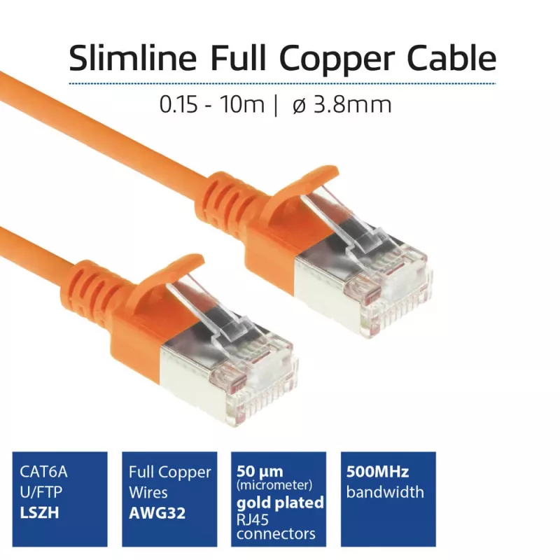 ACT Naranja 0,25 m LSZH U/FTP CAT6A cable de parcheo Slimline para centro de datos, sin lengüeta con conectores RJ45