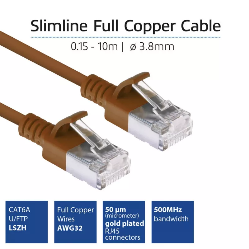 ACT Marrón 1 m LSZH U/FTP CAT6A cable de parcheo Slimline para centro de datos sin lengüeta con conectores RJ45
