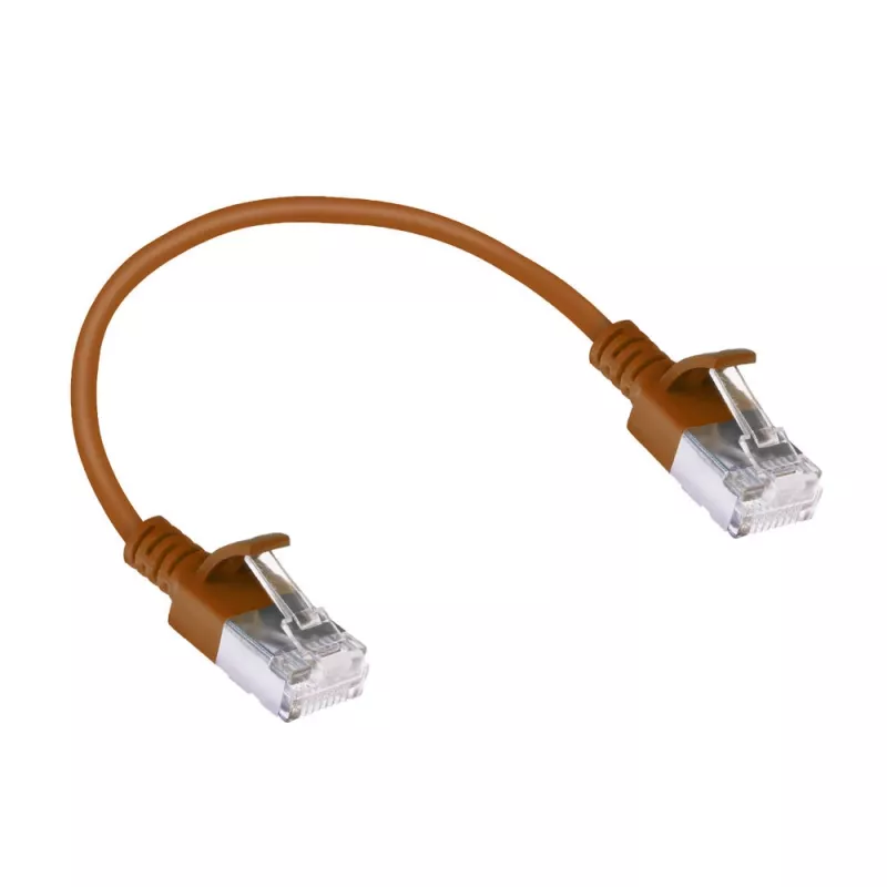 ACT Marrón 0,15 m LSZH U/FTP CAT6A cable de parcheo Slimline para centro de datos snagless con conectores RJ45