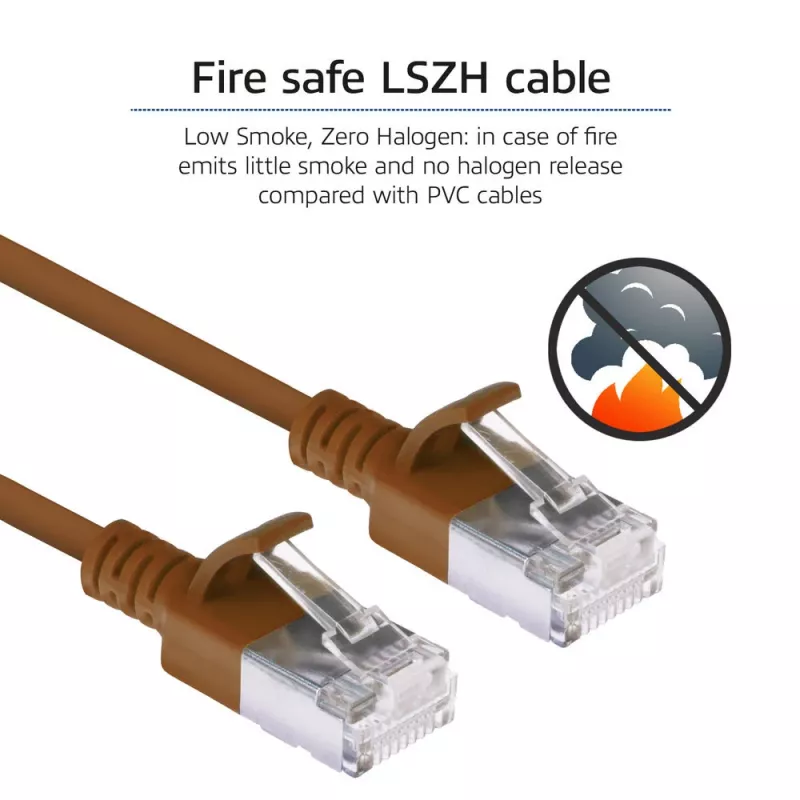 ACT Marrón 0,25 m LSZH U/FTP CAT6A cable de parcheo Slimline para centro de datos con conectores RJ45 con protección de lengüeta