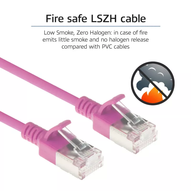 ACT Rosa 1,5 m LSZH U/FTP CAT6A cable de parcheo Slimline para centro de datos snagless con conectores RJ45