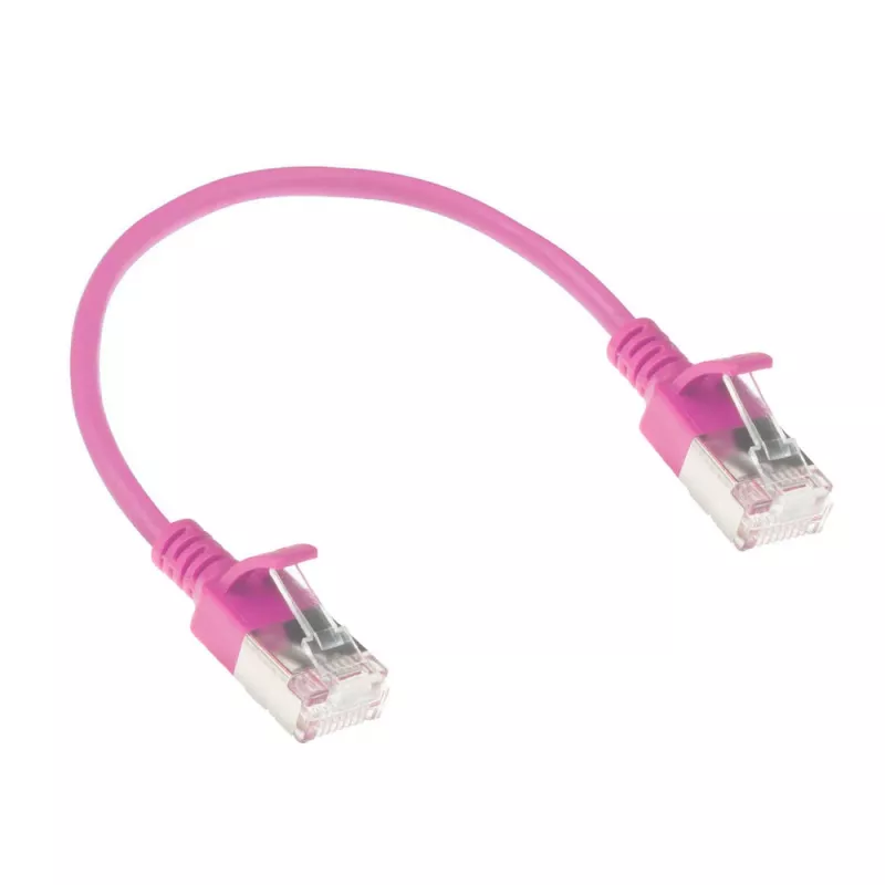 ACT Rosa 0,25 m LSZH U/FTP CAT6A cable de parcheo Slimline para centro de datos con conectores RJ45, protección de lengüeta