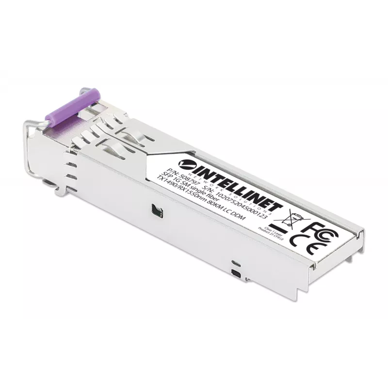 Intellinet Módulo transceptor óptico SFP Gigabit Fiber WDM Bidireccional 1000Base-BX-U (LC) puerto monomodo, 80 km, BiDi WDM (RX1550/TX1490), conforme MSA para máxima compatibilidad, Plata