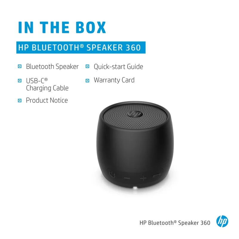 Altavoz Bluetooth HP negro 360, con cable e inalámbrico, altavoz portátil mono, negro, cilíndrico, botones, universal